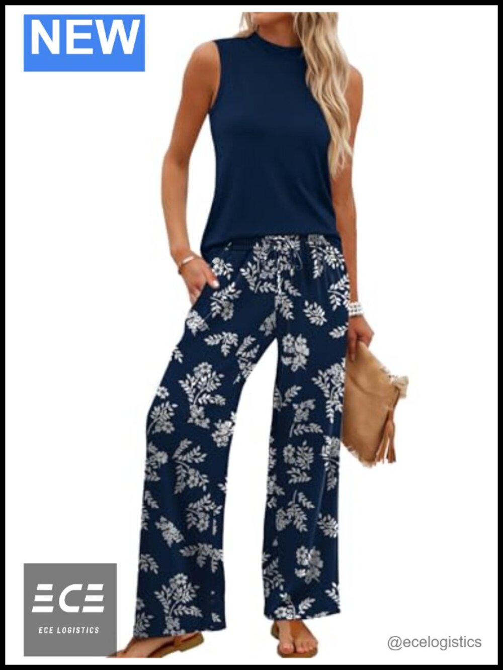 Womens Two Piece Set Mock Neck Sleeveless Top Wide Leg Pants Travel Outfit